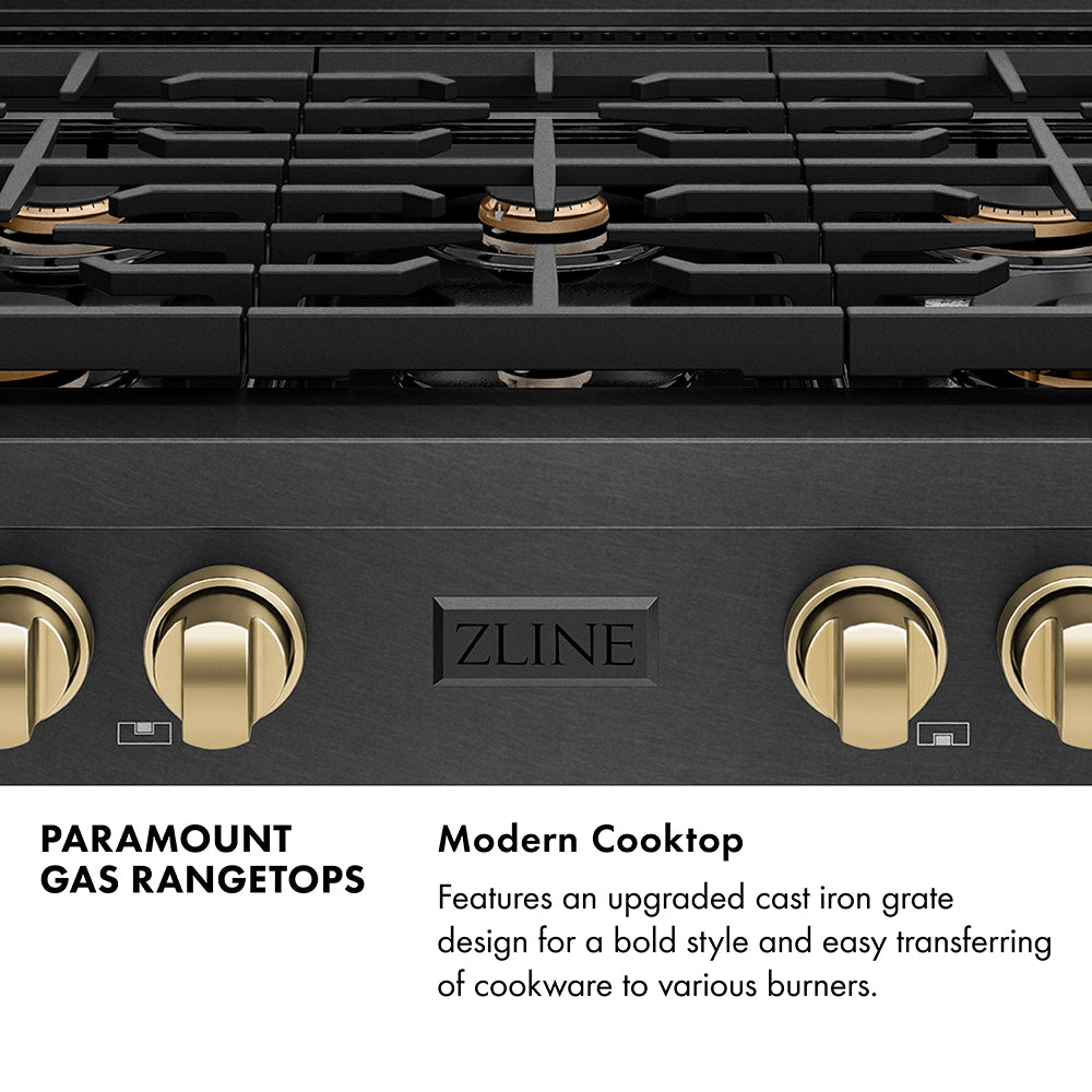 Paramount Series Infographic. Modern Cooktop. Text: Features an upgraded cast iron grate design for a bold style and easy transferring of cookware to various burners.