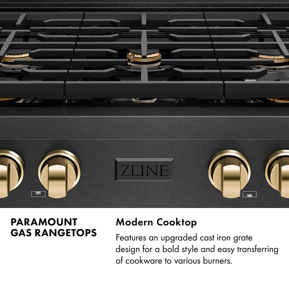 Paramount Series Infographic. Modern Cooktop. Text: Features an upgraded cast iron grate design for a bold style and easy transferring of cookware to various burners.