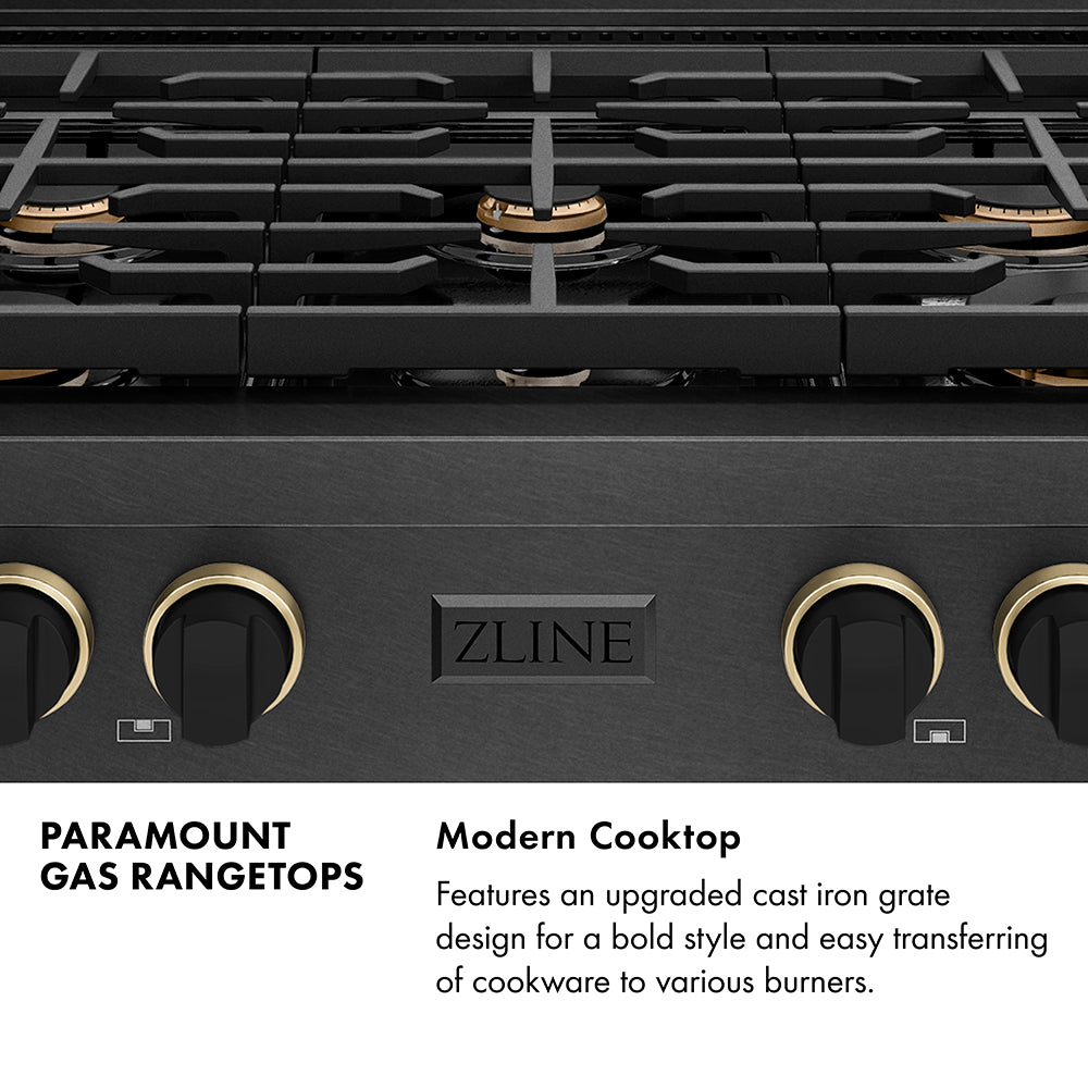 Paramount Series Infographic. Modern Cooktop. Text: Features an upgraded cast iron grate design for a bold style and easy transferring of cookware to various burners.