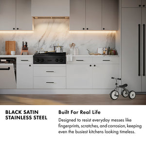Black Satin Stainless Steel infographic. Modern kitchen with black satin stainless steel appliances and white cabinets. Text: Built for Real Life. Designed to resist everyday messes like fingerprints, scratches, and corrosion, keeping even the busiest kitchens looking timeless.