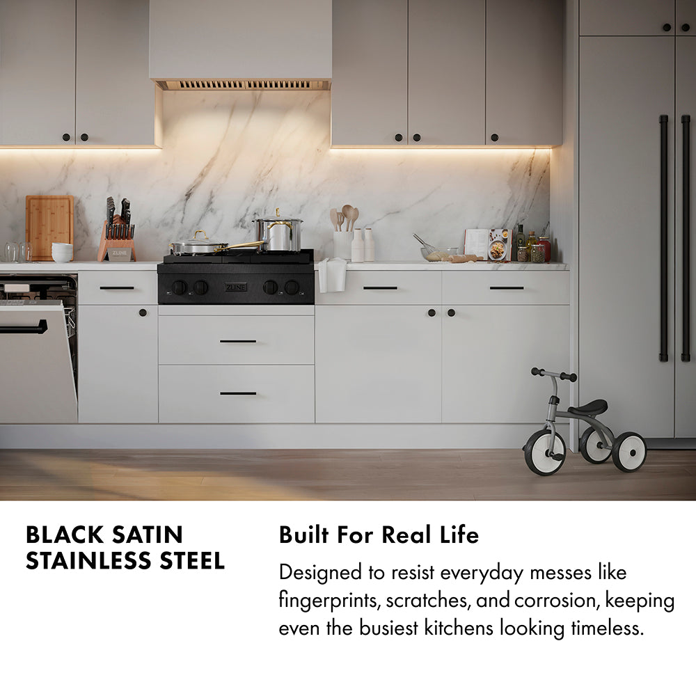 Black Satin Stainless Steel infographic. Modern kitchen with black satin stainless steel appliances and white cabinets. Text: Built for Real Life. Designed to resist everyday messes like fingerprints, scratches, and corrosion, keeping even the busiest kitchens looking timeless.