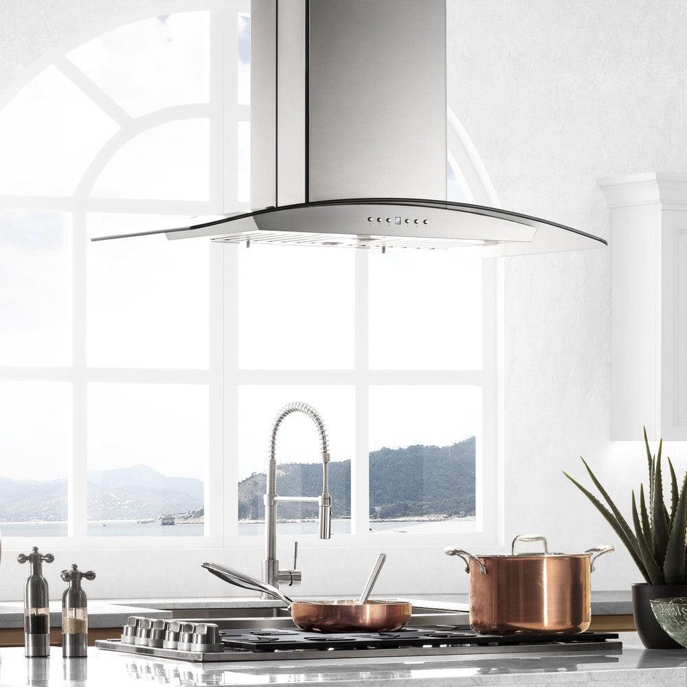 ZLINE 36 in. CrownSound™ Ducted Vent Island Mount Range Hood in Stainless Steel and Glass with Built-in Bluetooth Speakers (GL5iCRN-BT-36) in a luxury kitchen.