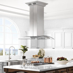ZLINE 36 in. CrownSound™ Ducted Vent Island Mount Range Hood in Stainless Steel and Glass with Built-in Bluetooth Speakers (GL5iCRN-BT-36) in a luxury kitchen.