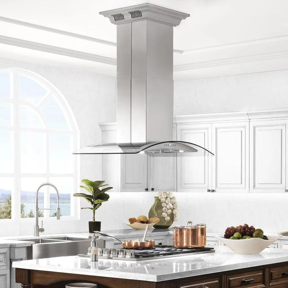 ZLINE 30 in. CrownSound™ Ducted Vent Island Mount Range Hood in Stainless Steel and Glass with Built-in Bluetooth Speakers (GL5iCRN-BT-30) in a luxury kitchen.