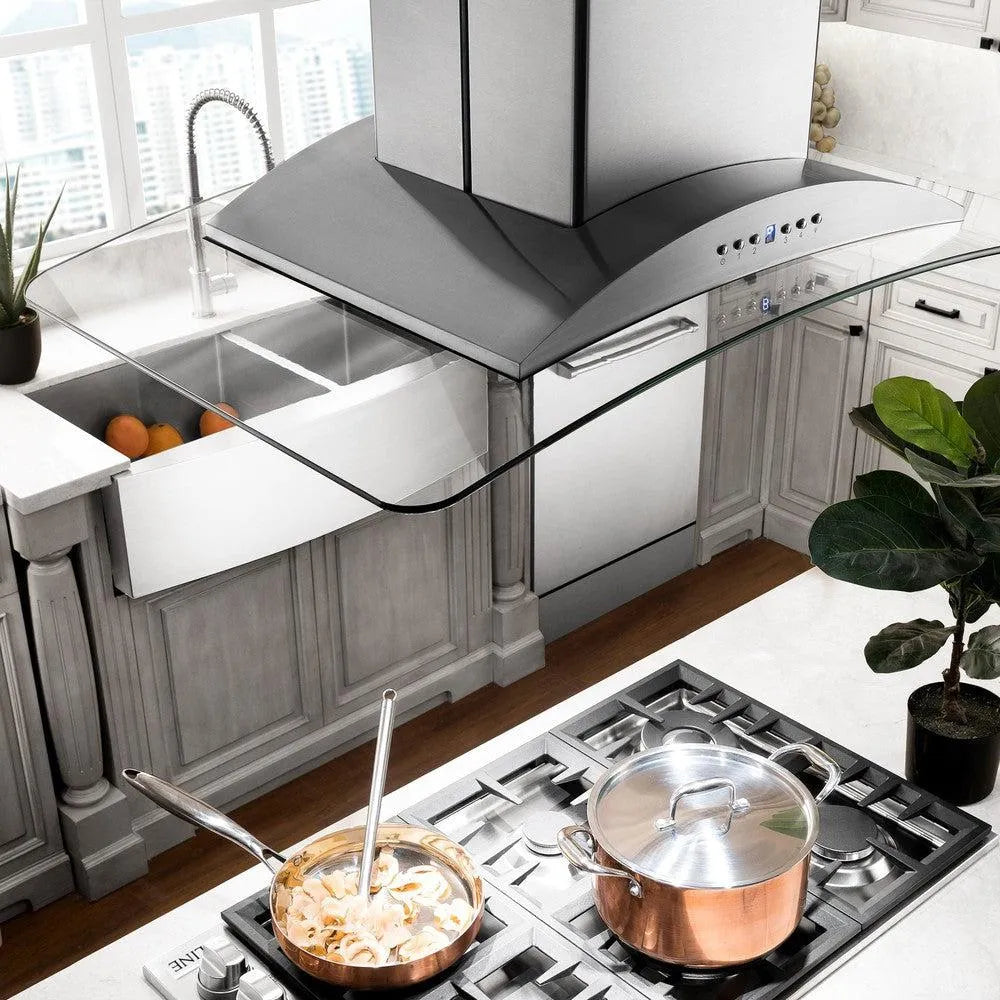 ZLINE 30 in. CrownSound™ Ducted Vent Island Mount Range Hood in Stainless Steel and Glass with Built-in Bluetooth Speakers (GL9iCRN-BT-30) in a luxury kitchen.