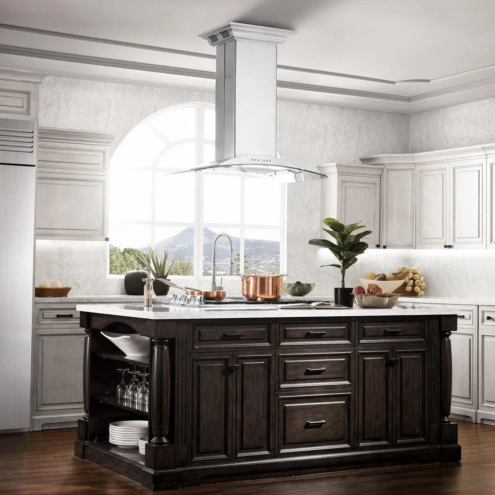 ZLINE 36 in. CrownSound™ Ducted Vent Island Mount Range Hood in Stainless Steel with Built-in Bluetooth Speakers (GL9iCRN-BT-36) in a luxury kitchen.