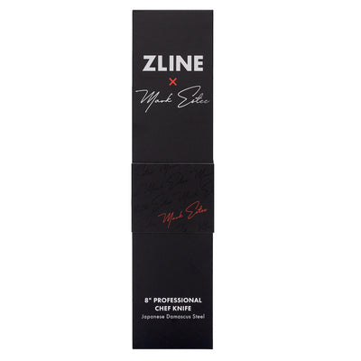 ZLINE Mark Estee 8 in. Professional Japanese Damascus Steel Chef Knife (KCKT-ME-JD) box, front.