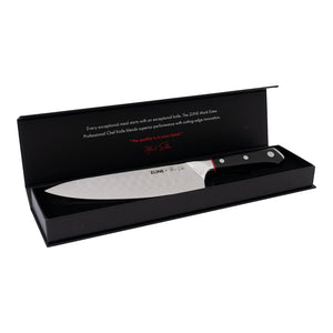 ZLINE Mark Estee 8 in. Professional Japanese Damascus Steel Chef Knife (KCKT-ME-JD) in box, open.