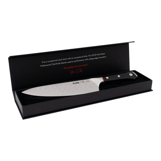 ZLINE Mark Estee 8 in. Professional Japanese Damascus Steel Chef Knife (KCKT-ME-JD) in box, open.