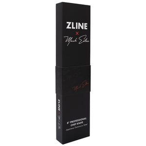 ZLINE Mark Estee 8 in. Professional Japanese Damascus Steel Chef Knife (KCKT-ME-JD) box, side.