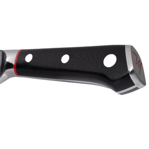 ZLINE Mark Estee 8 in. Professional Japanese Damascus Steel Chef Knife (KCKT-ME-JD) handle detail, angled.