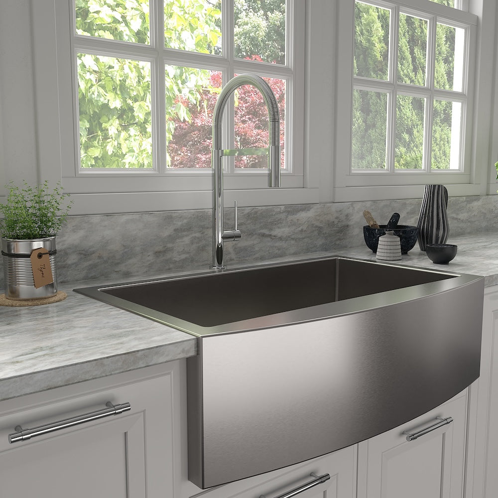 ZLINE Incline Kitchen Faucet in Chrome (INC-KF-CH) above a stainless steel kitchen sink in a modern kitchen setting