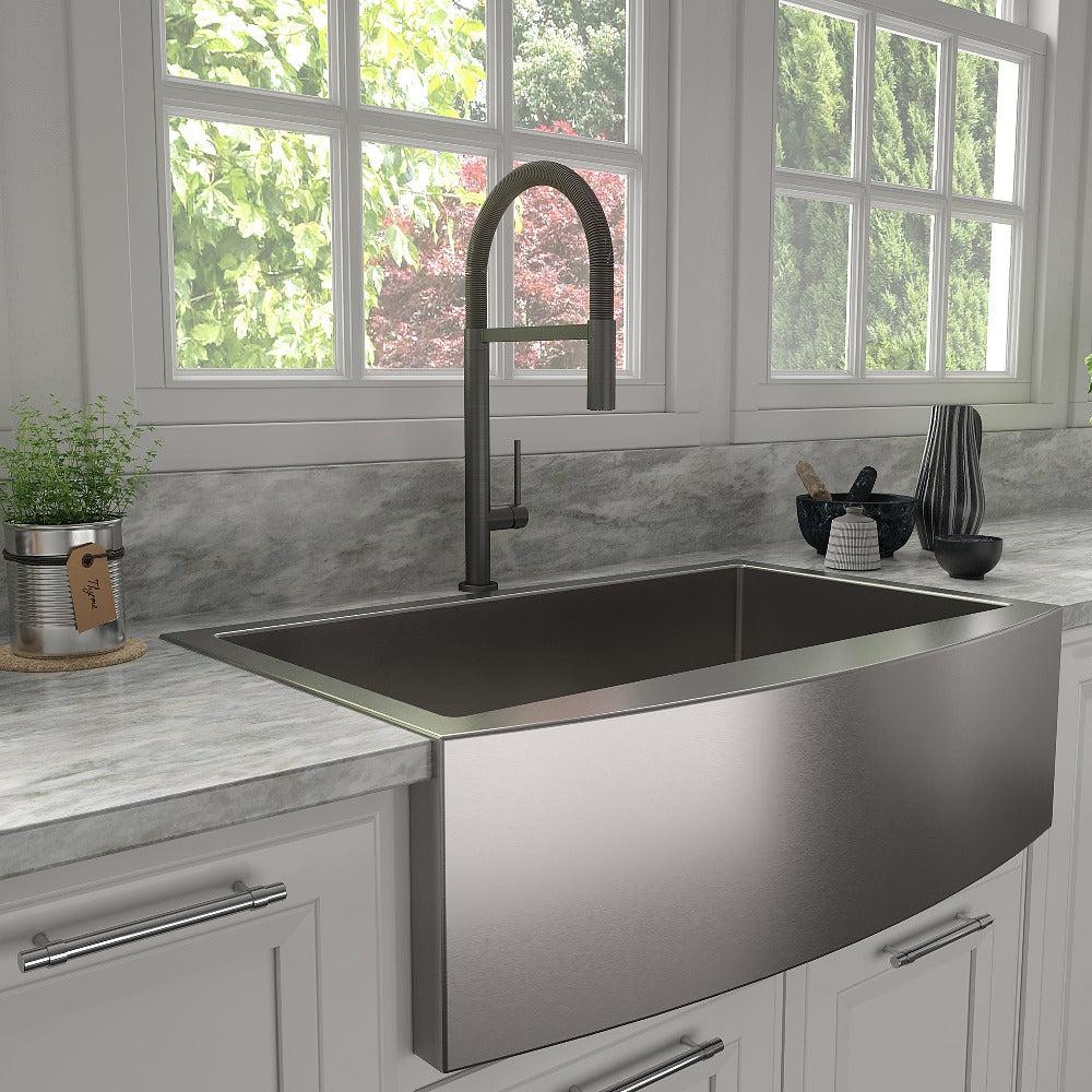 ZLINE Incline Kitchen Faucet in Gun Metal (INC-KF-GM) in a luxury kitchen.