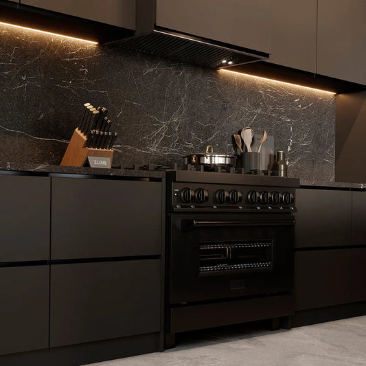Modern luxury kitchen with ZLINE 36 in. 4.6 cu. ft. Legacy Dual Fuel Range with Gas Cooktop and Electric Convection Oven in Black Stainless Steel with 6 Brass Burners (RAB-BR-36) and marble backsplash