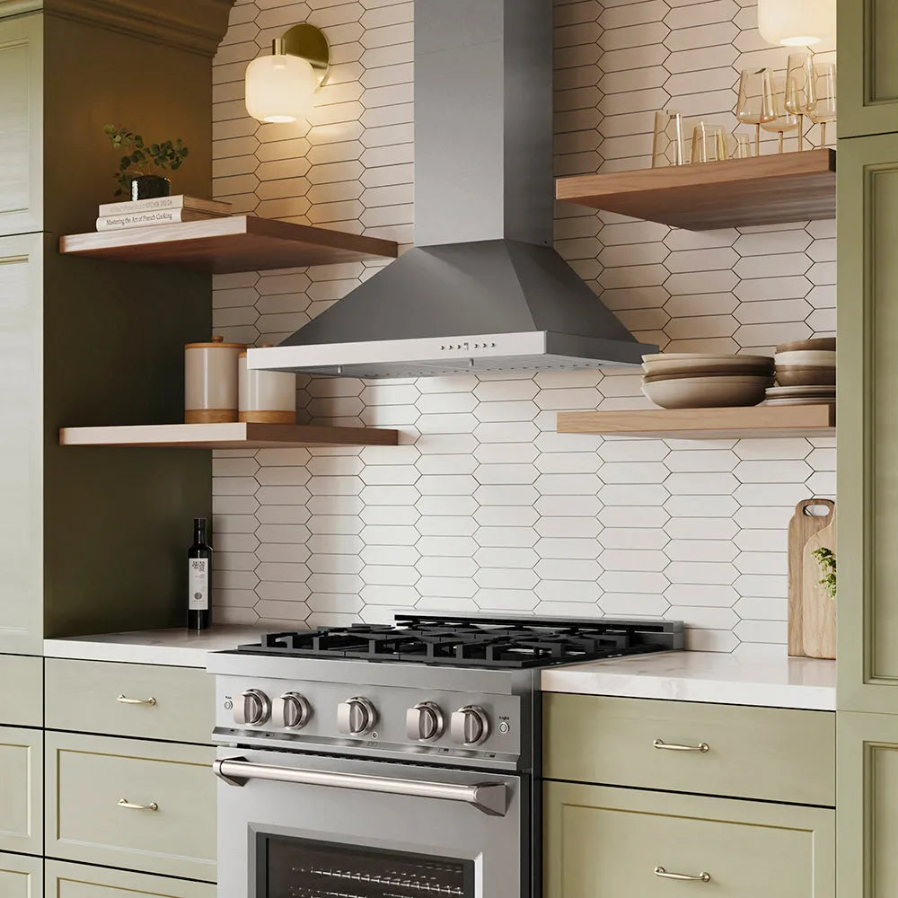 Designer kitchen with stainless steel range and ZLINE 30 in. Convertible Vent Wall Mount Range Hood in Stainless Steel (KB-30), wooden shelves, and hexagonal tile backsplash.