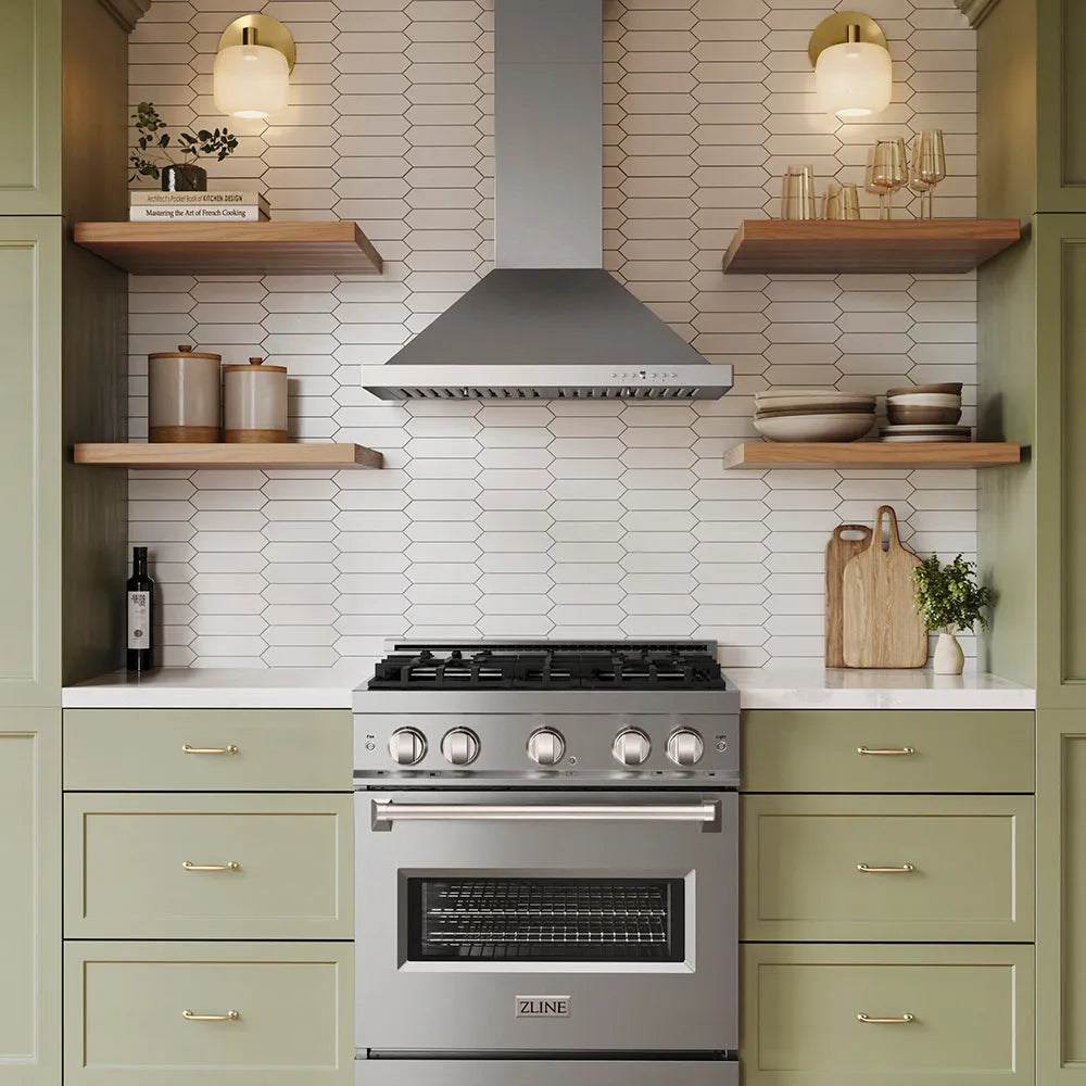 Designer kitchen with stainless steel ZLINE range and ZLINE 30 in. Convertible Vent Wall Mount Range Hood in Stainless Steel (KB-30) against a tiled backsplash.