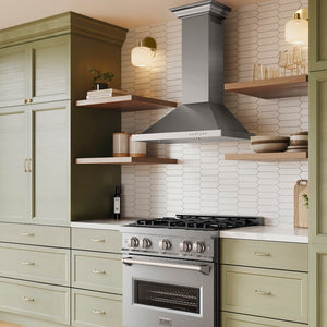 ZLINE 30 in. Convertible Vent Wall Mount Range Hood in Stainless Steel with Crown Molding (KBCRN-30) in a luxury kitchen.