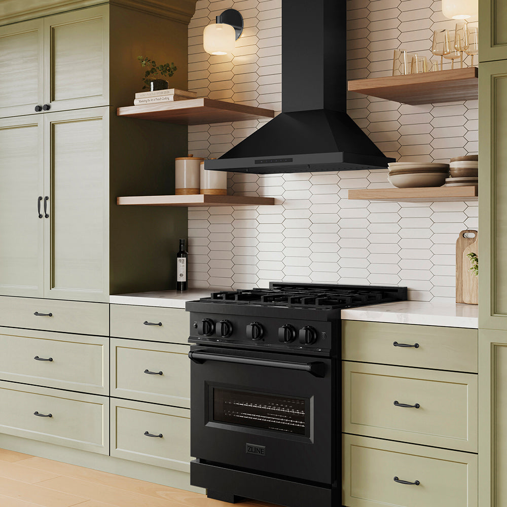 Designer kitchen with ZLINE 30 in. Convertible Vent Wall Mount Range Hood in Black Stainless Steel (BSKBN-30) above a black range and green cabinets