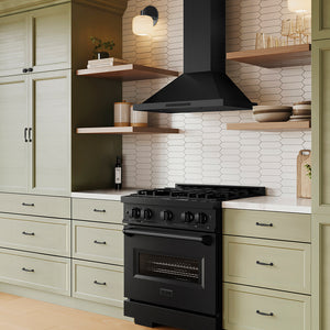 Designer kitchen with ZLINE 30 in. Convertible Vent Wall Mount Range Hood in Black Stainless Steel (BSKBN-30) above a black range and green cabinets