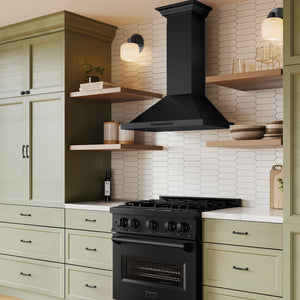 ZLINE 36 in. Convertible Vent Wall Mount Range Hood in Black Stainless Steel with Crown Molding (BSKBNCRN-36) in a luxury kitchen.