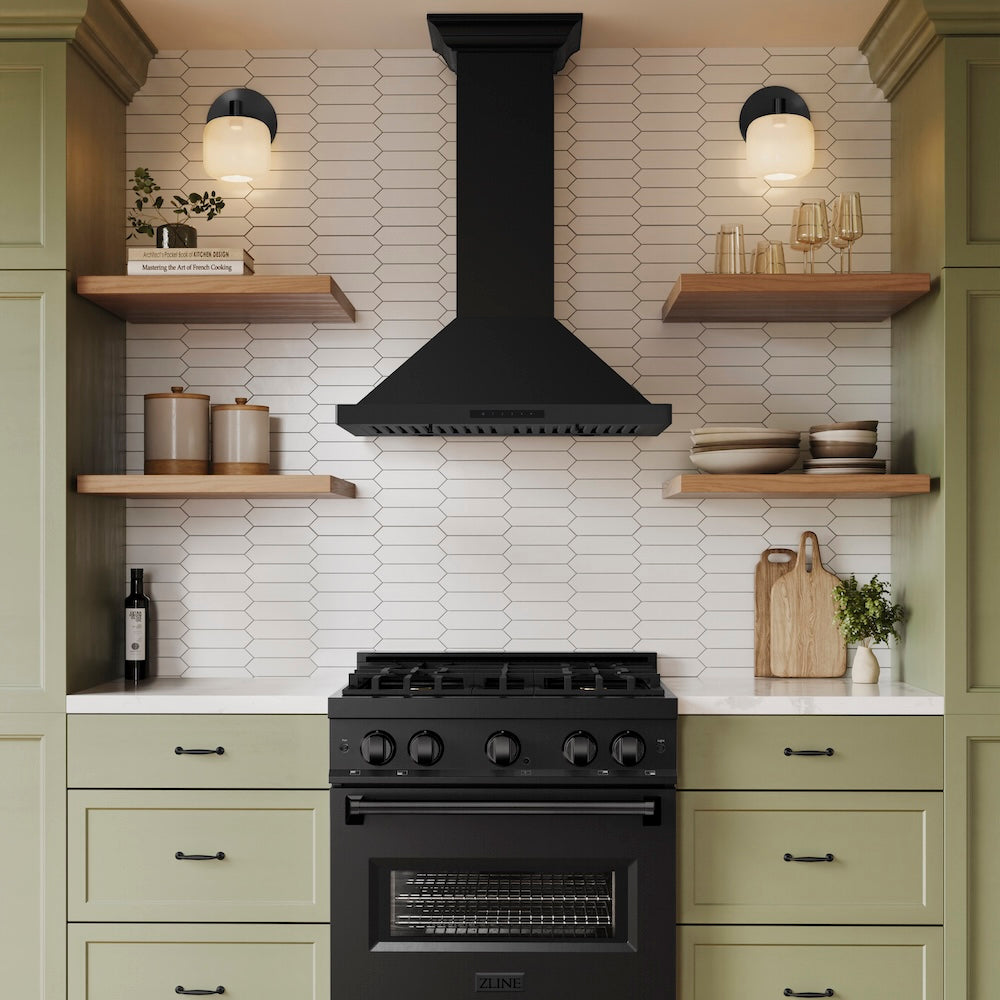 ZLINE 30 in. Convertible Vent Wall Mount Range Hood in Black Stainless Steel with Crown Molding (BSKBNCRN-30) in a luxury kitchen.