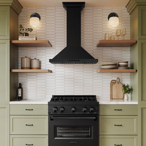 ZLINE 30 in. Convertible Vent Wall Mount Range Hood in Black Stainless Steel with Crown Molding (BSKBNCRN-30) in a luxury kitchen.