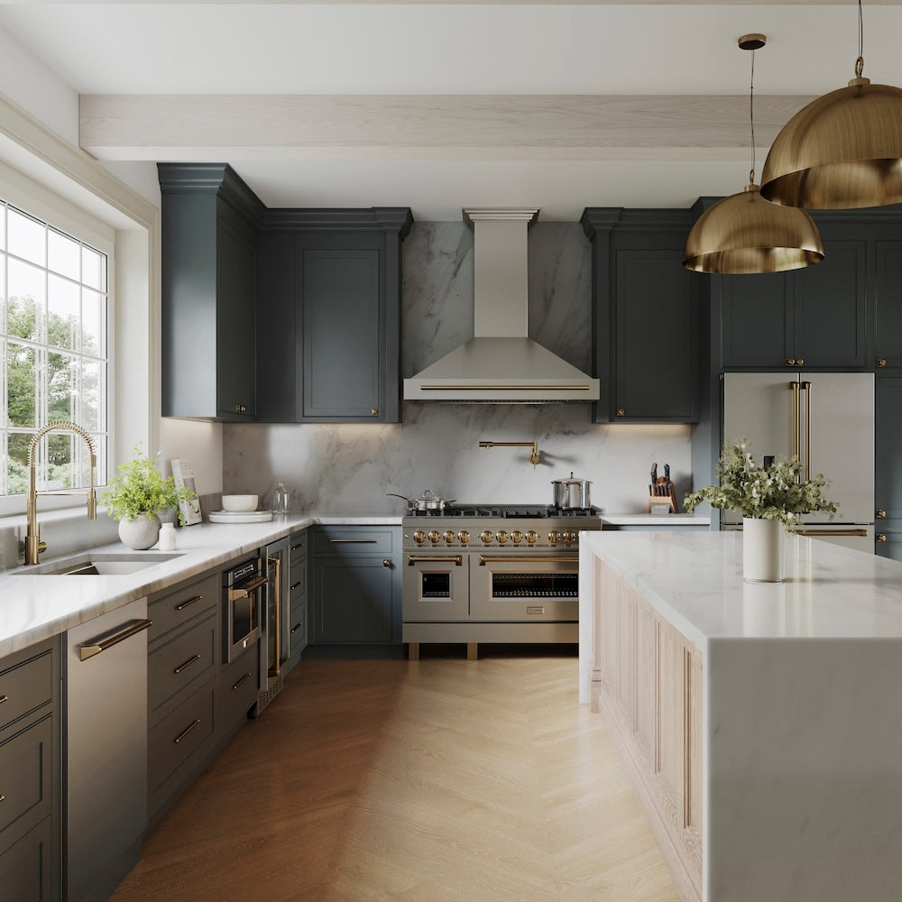 ZLINE Sierra Pull Down Spring Single Handle Kitchen Faucet in Champagne Bronze (SRA-KF-CB) in a kitchen with dark cabinets, white countertops, and bronze accents.