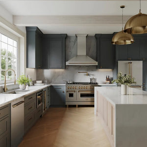Modern kitchen with dark cabinets, white countertops, and ZLINE Autograph Edition 48 in. 6.0 cu. ft. Legacy Dual Fuel Range with 7 Burner Gas Cooktop and 2 Electric Ovens in Stainless Steel and Champagne Bronze Accents (RAZ-48-CB).