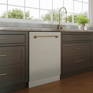 ZLINE Sierra Pull Down Spring Single Handle Kitchen Faucet in Champagne Bronze (SRA-KF-CB) in a kitchen with gray cabinets, a stainless dishwasher, and a sink.