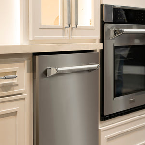 ZLINE Autograph Edition 24 in. Monument Series 3rd Rack Top Touch Control Tall Tub Dishwasher in Stainless Steel with Polished Nickel Helix Handle, 45dBa (DWMTZ-30424-KPN) in a kitchen with matching knurled cabinet pulls.