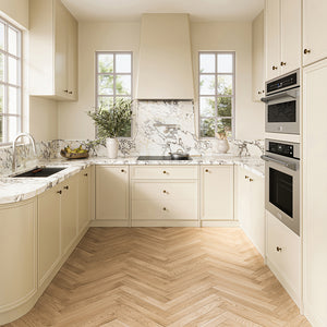 ZLINE 30 in. Induction Cooktop with Anti-Scratch Glass and 4 Elements (FCIND-30) in a modern U-shaped kitchen featuring cream-colored cabinets, white marble countertops and backsplash, light wood herringbone flooring, and stainless steel built-in appliances.