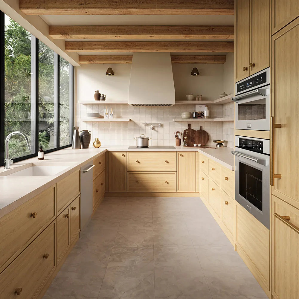 ZLINE 36 in. Induction Cooktop with Anti-Scratch Glass and 5 Elements (FCIND-36) in a kitchen interior with light wood cabinetry, beige stone countertops and floor, open shelving, a white range hood, and built-in stainless steel appliances.