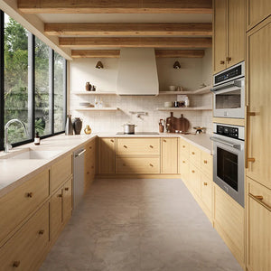 ZLINE 36 in. Induction Cooktop with Anti-Scratch Glass and 5 Elements (FCIND-36) in a kitchen interior with light wood cabinetry, beige stone countertops and floor, open shelving, a white range hood, and built-in stainless steel appliances.
