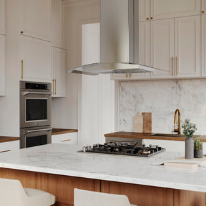 ZLINE 30 in. Gas Cooktop with 4 Brass Burners and Black Porcelain Top (RC-BR-30-PBT) in a kitchen with marble countertops, stainless steel appliances, and wooden cabinets.