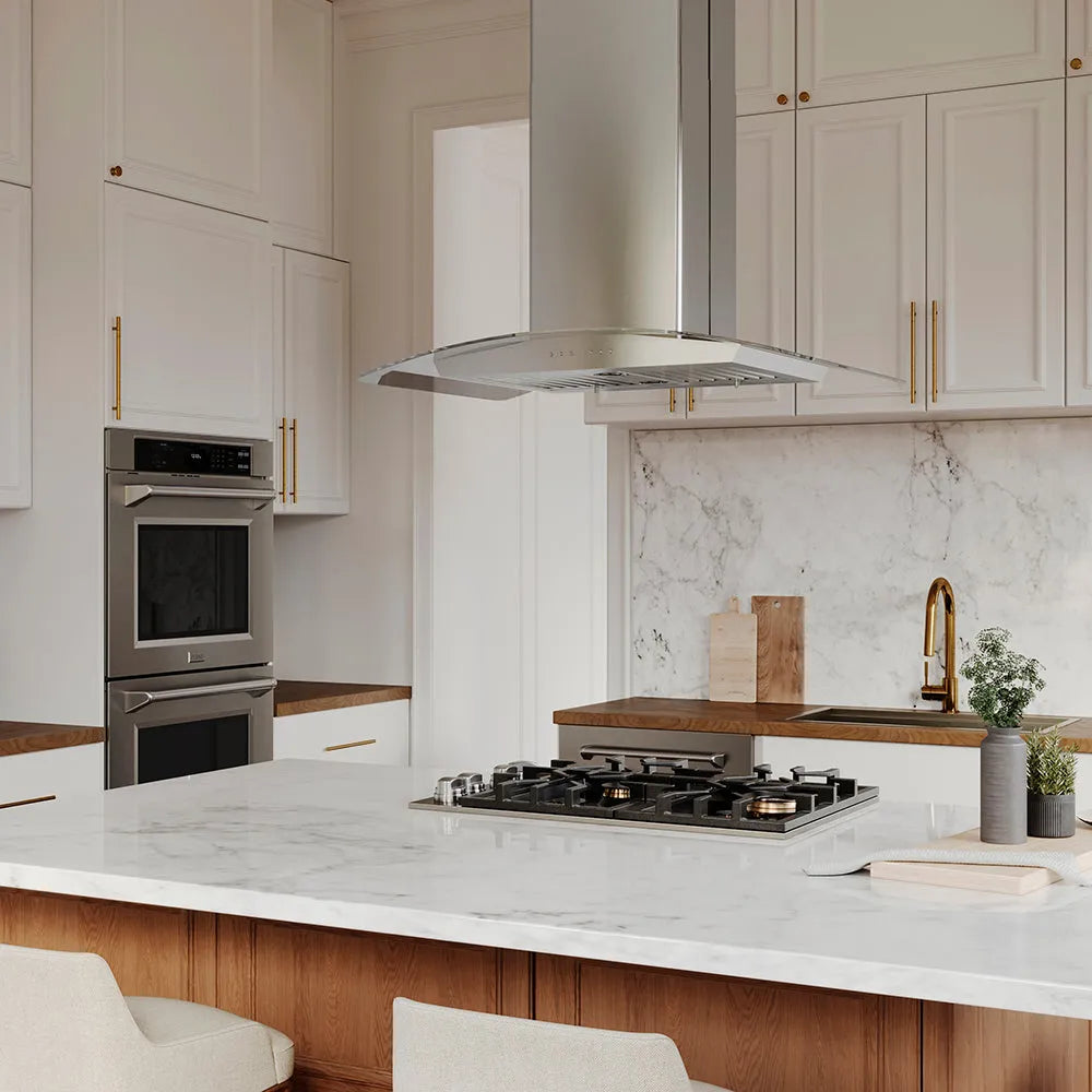 Modern kitchen with marble countertops, ZLINE 30 in. Professional True Convection Double Wall Oven with Air Fry and Self Clean in Stainless Steel (WAD-30), and white cabinets.