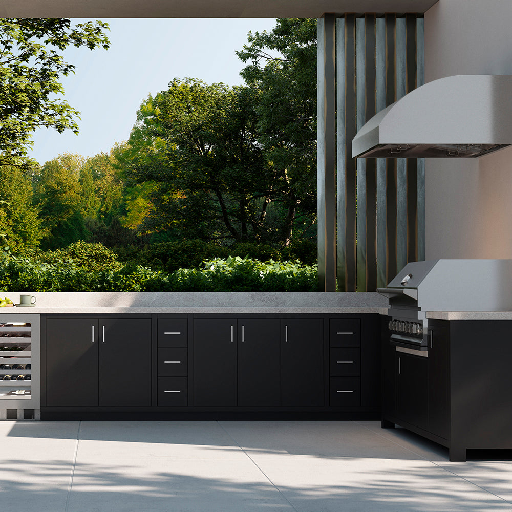 ZLINE 42 in. Under Cabinet Outdoor Grill Hood (GOU2-42) in a outdoor kitchen with black cabinets, gray countertop, and grill area.