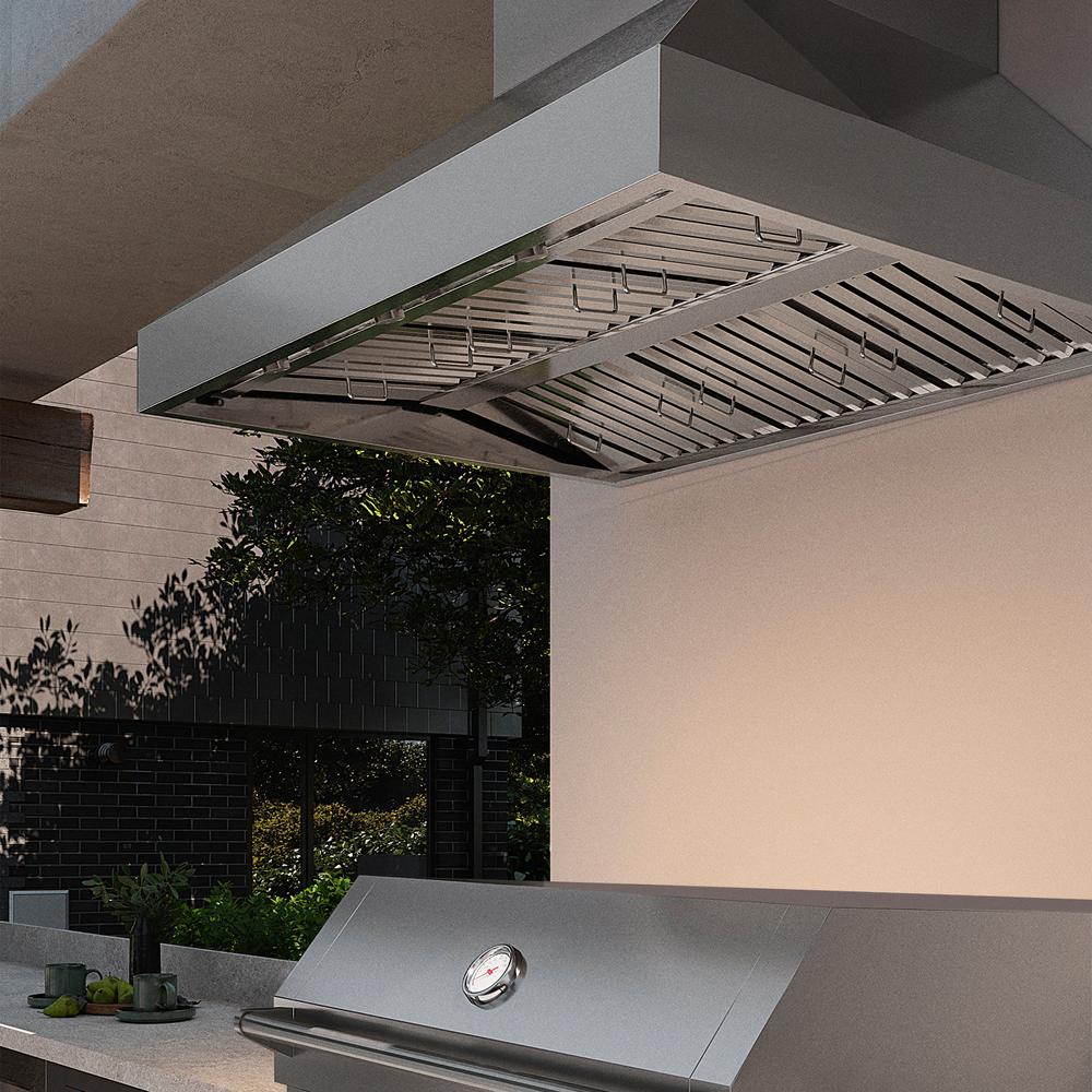 ZLINE 48 in. Wall Mount Outdoor Grill Hood (GOW1-48) in a luxury outdoor kitchen.