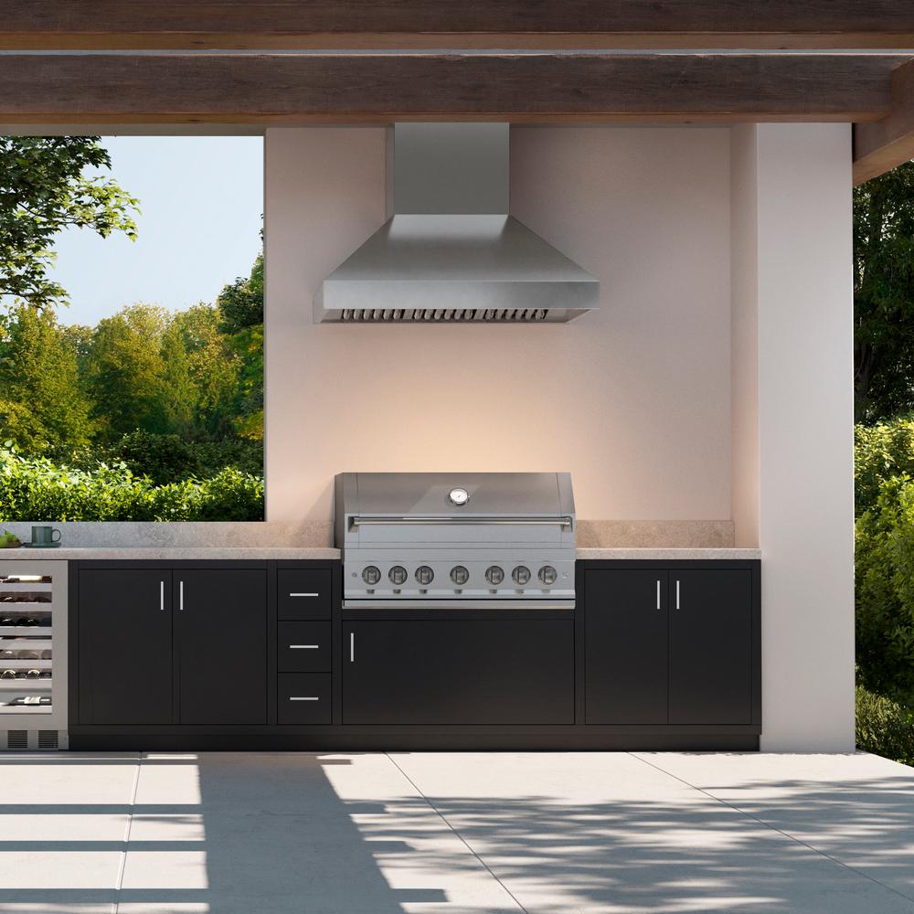 ZLINE 48 in. Wall Mount Outdoor Grill Hood (GOW1-48) in a luxury outdoor kitchen.