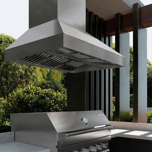 ZLINE 48 in. Island Mount Outdoor Grill Hood (GOi1-48) in a luxury outdoor kitchen.
