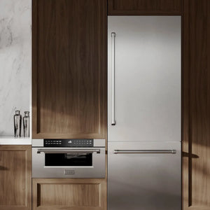 ZLINE 30 in. 16.1 cu. ft. Built-In Bottom Freezer Refrigerator with Water Dispenser and Ice Maker in Satin Stainless Steel with Graphite Gray Interior (GRBIV-SN-30) in a luxury kitchen.