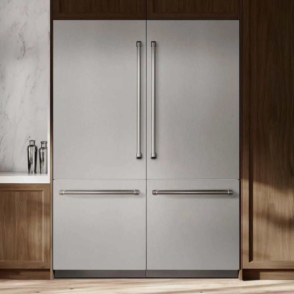 ZLINE 60 in. 32.2 cu. ft. French Door Built-In Bottom Freezer Refrigerator with Water Dispensers and Ice Makers in Satin Stainless Steel (RBIV-SN-60) in a kitchen setting with wooden cabinets and marble countertop.