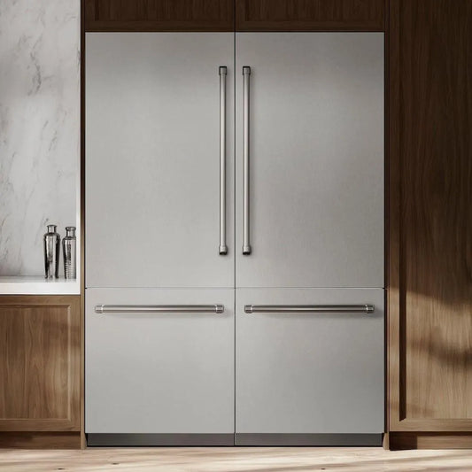 ZLINE 60 in. 32.2 cu. ft. French Door Built-In Bottom Freezer Refrigerator with Water Dispensers and Ice Makers in Satin Stainless Steel (RBIV-SN-60) in a kitchen setting with wooden cabinets and marble countertop.