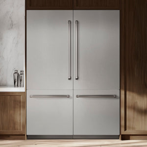 ZLINE 60 in. 32.2 cu. ft. French Door Built-In Bottom Freezer Refrigerator with Water Dispensers and Ice Makers in Satin Stainless Steel with Graphite Gray Interior (GRBIV-SN-60) in a luxury kitchen.