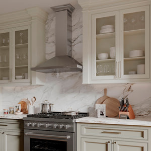 ZLINE 36 in. Convertible Vent Wall Mount Range Hood in Stainless Steel with Crown Molding (KBCRN-36) in a luxury kitchen.