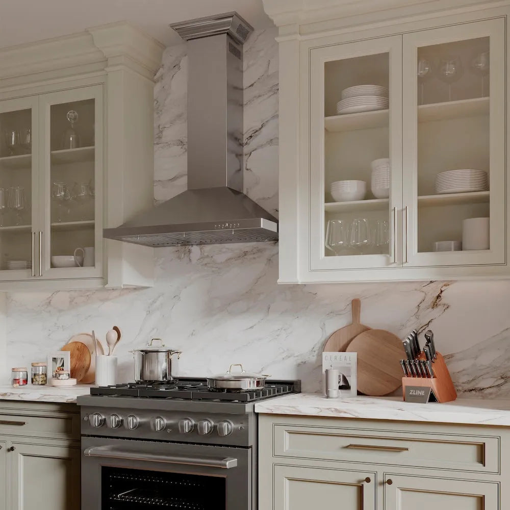 ZLINE 36 in. Convertible Vent Wall Mount Range Hood in Stainless Steel with Crown Molding (KBCRN-36) in a luxury kitchen.
