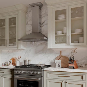ZLINE 36 in. Convertible Vent Wall Mount Range Hood in Stainless Steel with Crown Molding (KBCRN-36) in a luxury kitchen.