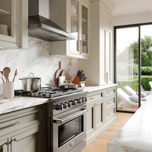 Luxury kitchen with ZLINE 36 in. 5.2 cu. ft. Paramount Gas Range with 6 Burner Cooktop and Convection Gas Oven in Stainless Steel (SGR36) and marble countertops