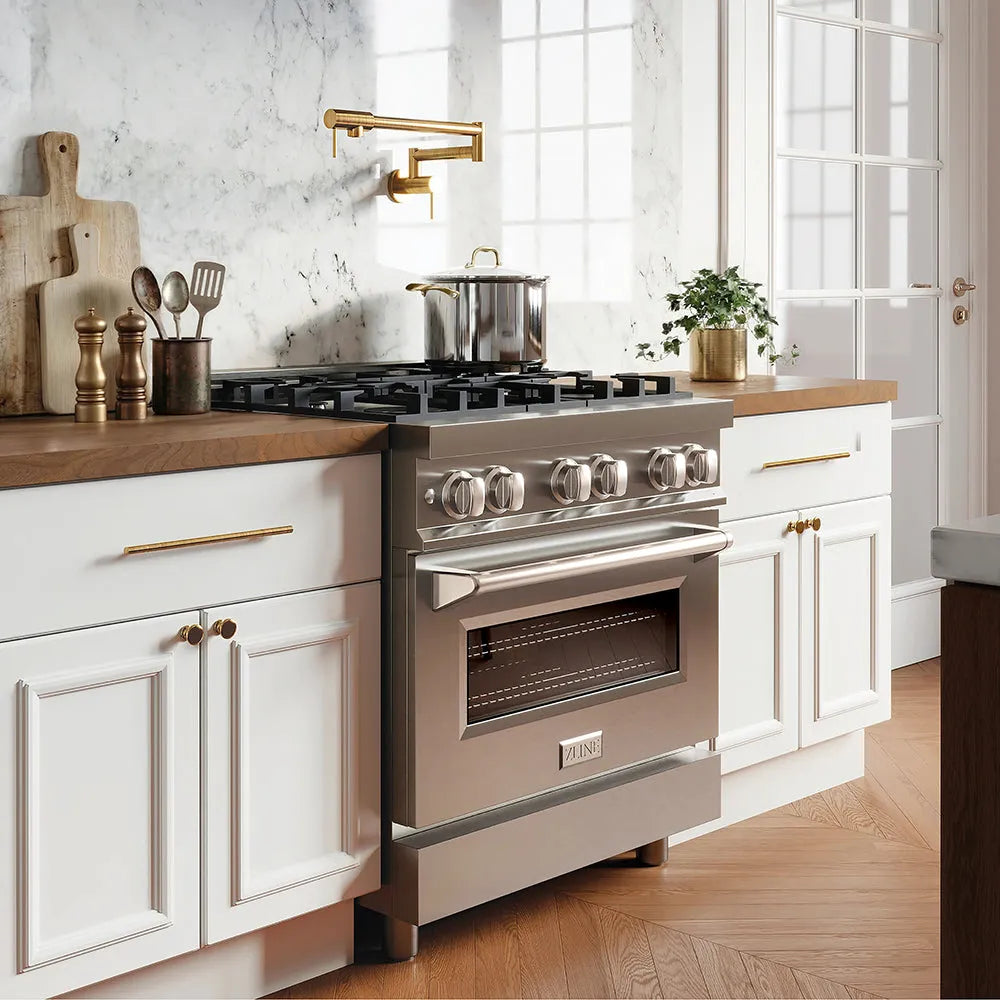Modern farmhouse kitchen with ZLINE 30 in. 4.0 cu. ft. Legacy Dual Fuel Range with 4 Burner Gas Cooktop and Electric Convection Oven in Stainless Steel (RA30)