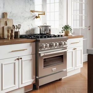 Modern farmhouse kitchen with ZLINE 30 in. 4.0 cu. ft. Legacy Dual Fuel Range with 4 Burner Gas Cooktop and Electric Convection Oven in Stainless Steel (RA30)
