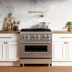 ZLINE 30 in. 4.0 cu. ft. Legacy Dual Fuel Range with 4 Burner Gas Cooktop and Electric Convection Oven in Stainless Steel (RA30) in a luxury kitchen with marble backsplash and wooden countertops.